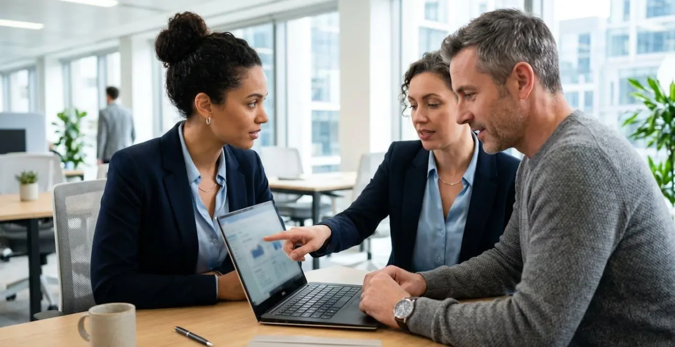 Deux professionnels de la finance consultent ensemble un ordinateur portable dans un bureau contemporain lumineux, l'un pointant l'écran du doigt