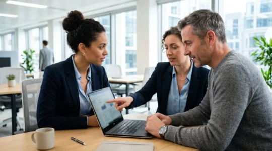 Deux professionnels de la finance consultent ensemble un ordinateur portable dans un bureau contemporain lumineux, l'un pointant l'écran du doigt