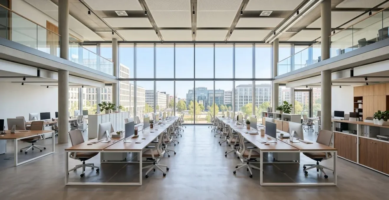 Vue grand angle d'un espace de bureaux moderne et lumineux avec de grandes fenêtres laissant entrer la lumière naturelle, sans personne au premier plan