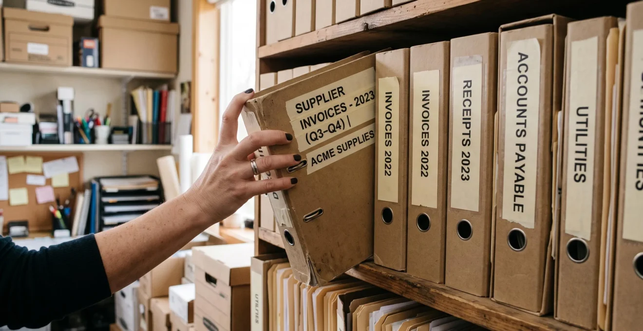 Une main retire un classeur de factures archivées sur une étagère de bureau.