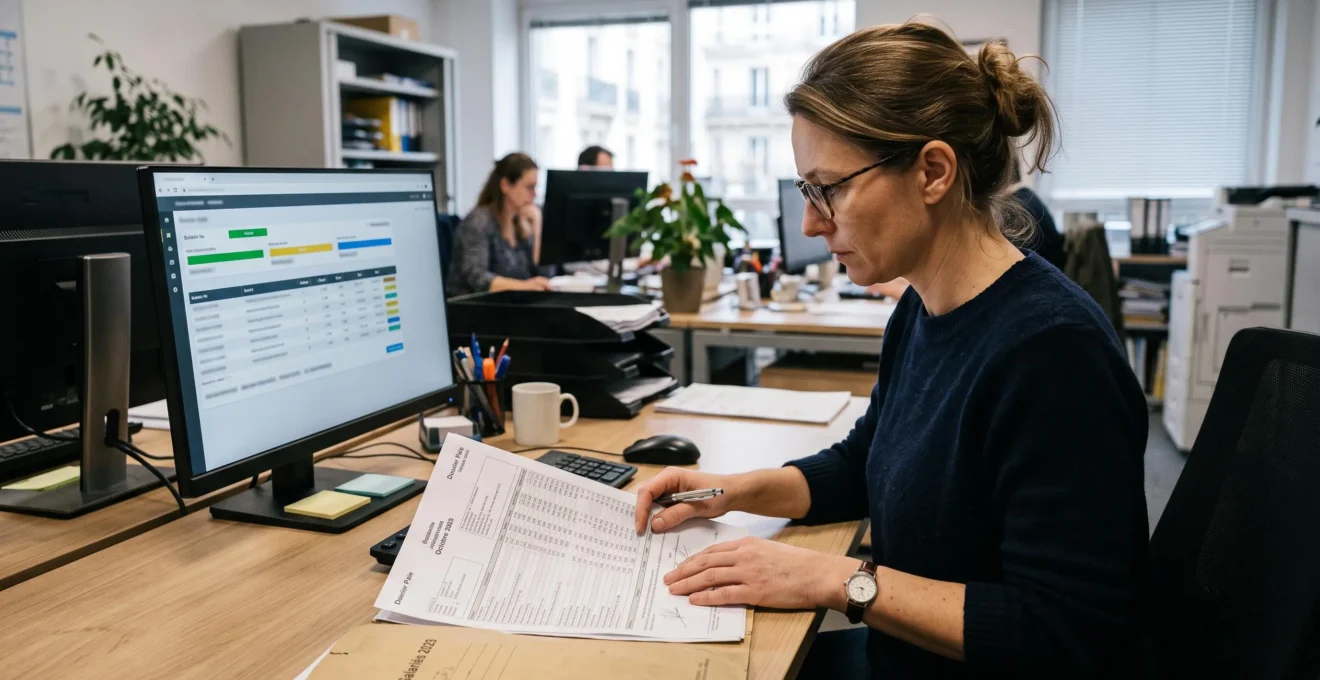 Responsable administratif vérifiant des documents de paie devant une interface de gestion générique