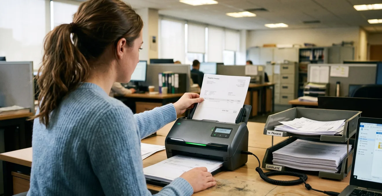 Une assistante numérise des factures fournisseurs avec un scanner de bureau.