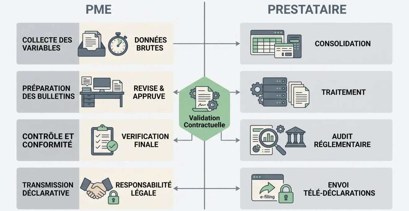 Schéma conceptuel de répartition des tâches de paie entre une PME et son prestataire